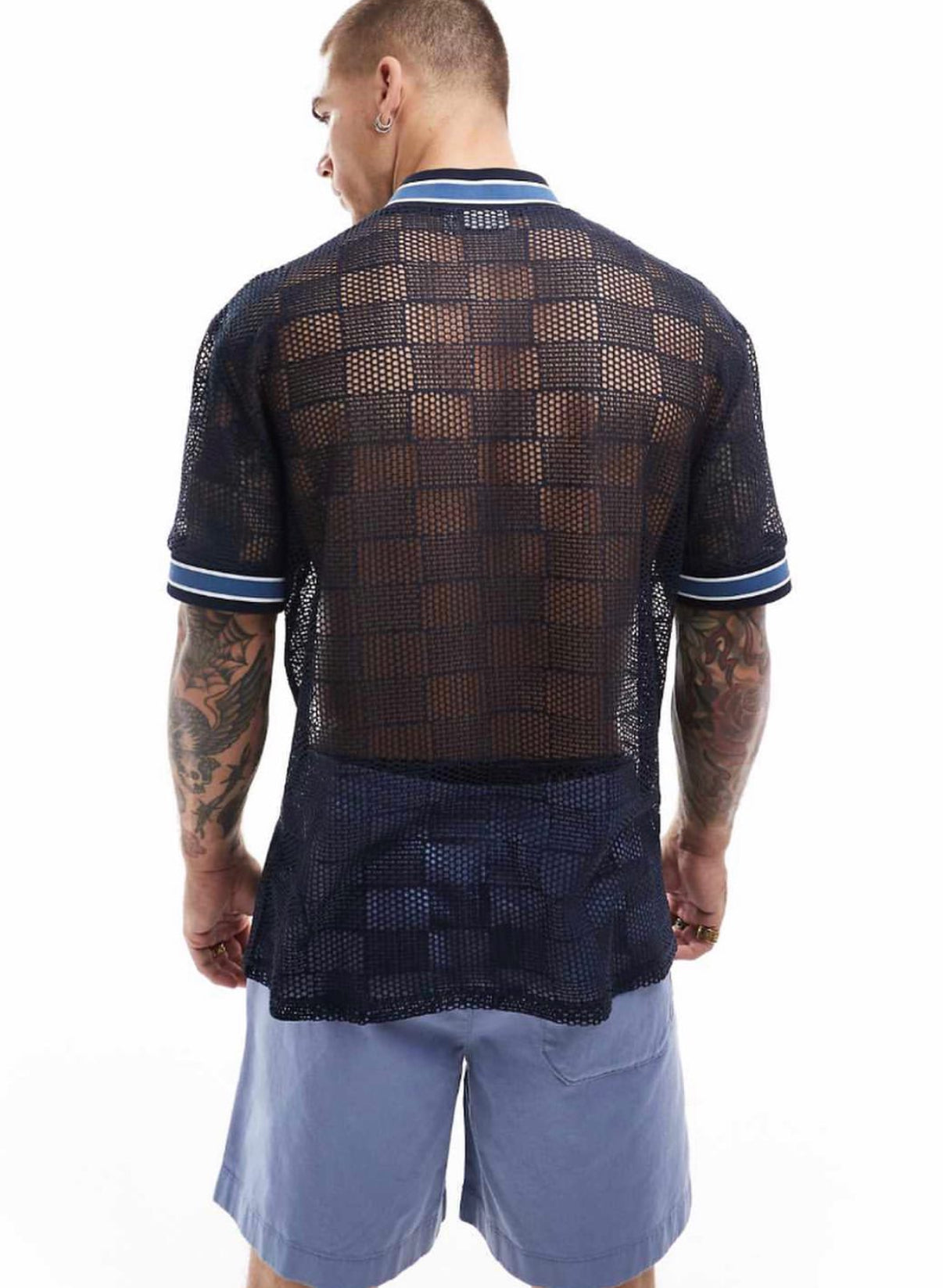 Open Knitted Shirt with Pipping Details in Navy