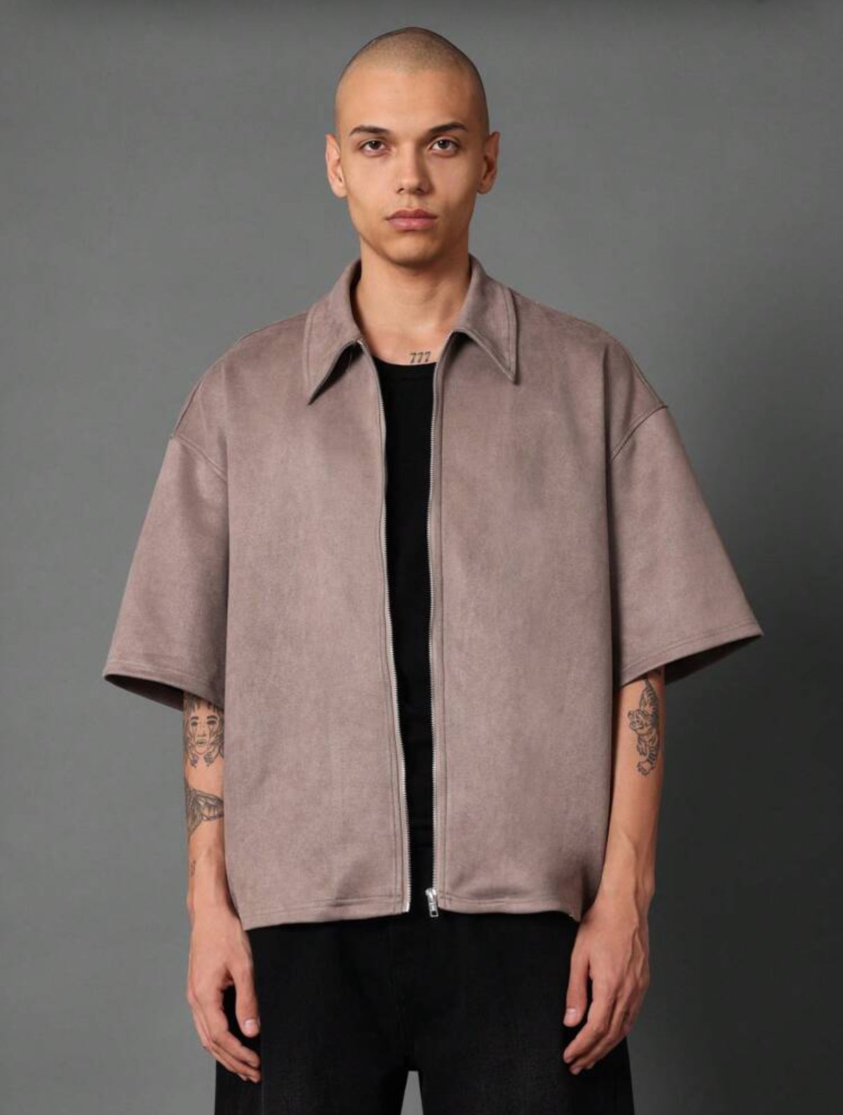 Velvet zip up overshirt in beige