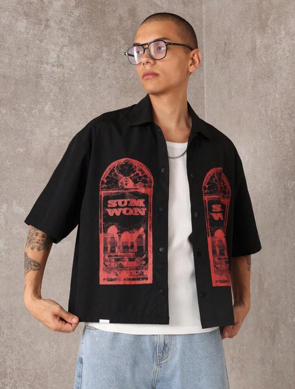 Boxy Shirt with Window Print in Black