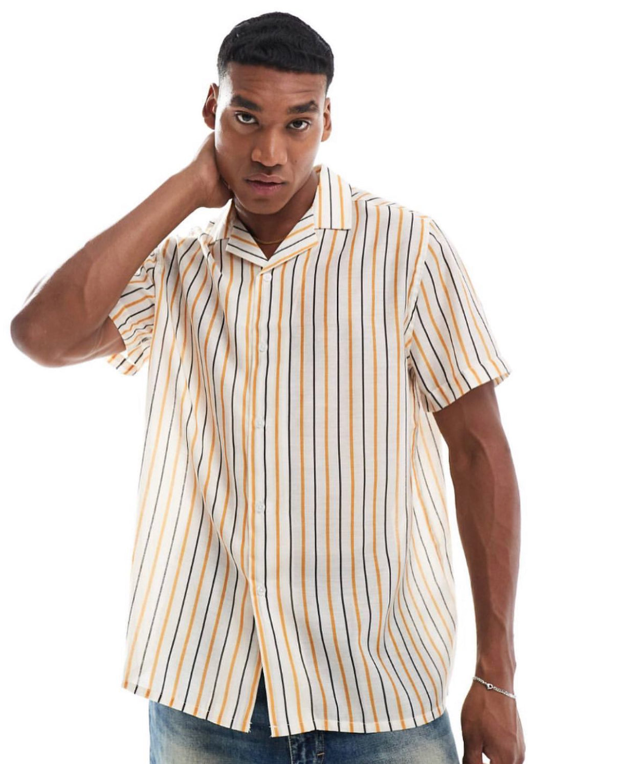 Button Up Short Sleeve Shirt in Striped Beige