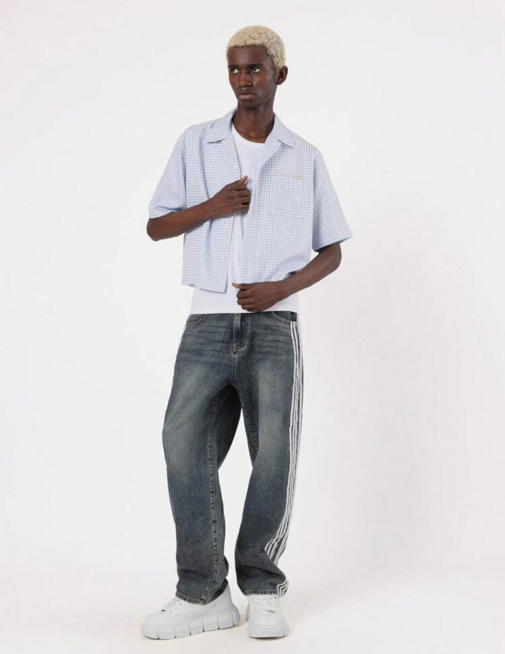 Boxy Fit Shirt with Creative Director Back Print in Checked Blue