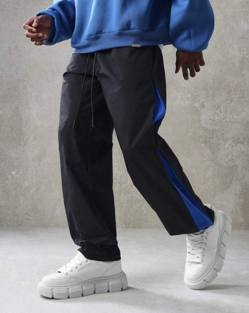 Wide Leg Jogger Pants with Blue Panel in Black