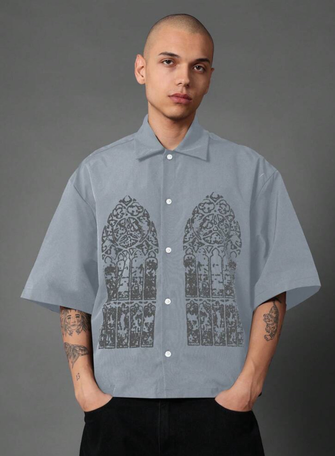 Boxy shirt with church window print in Grey