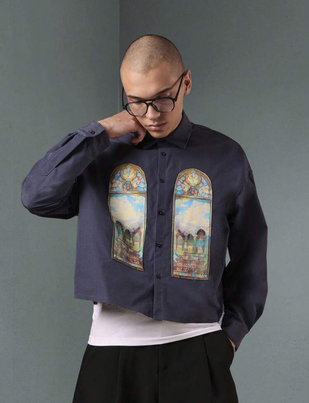 Oversized Jacket with front vintage window print in Navy