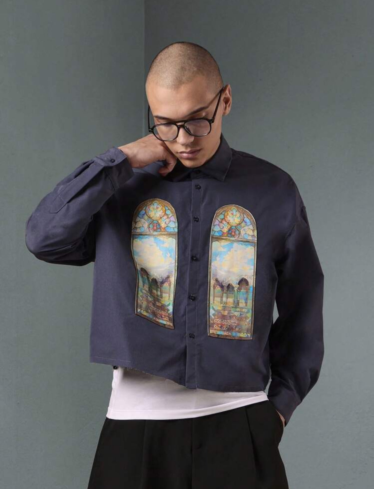 Oversized Jacket with front vintage window print in Navy