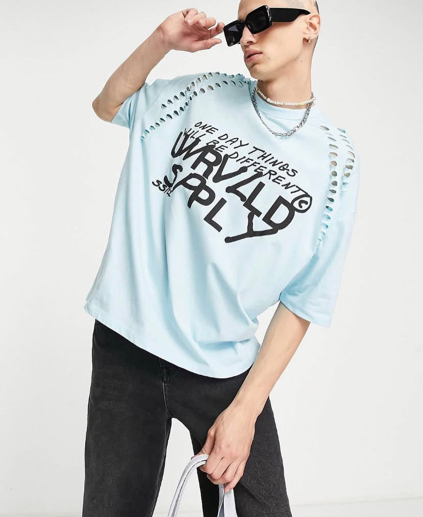 Oversized T-shirt with Front Print in Sky Blue