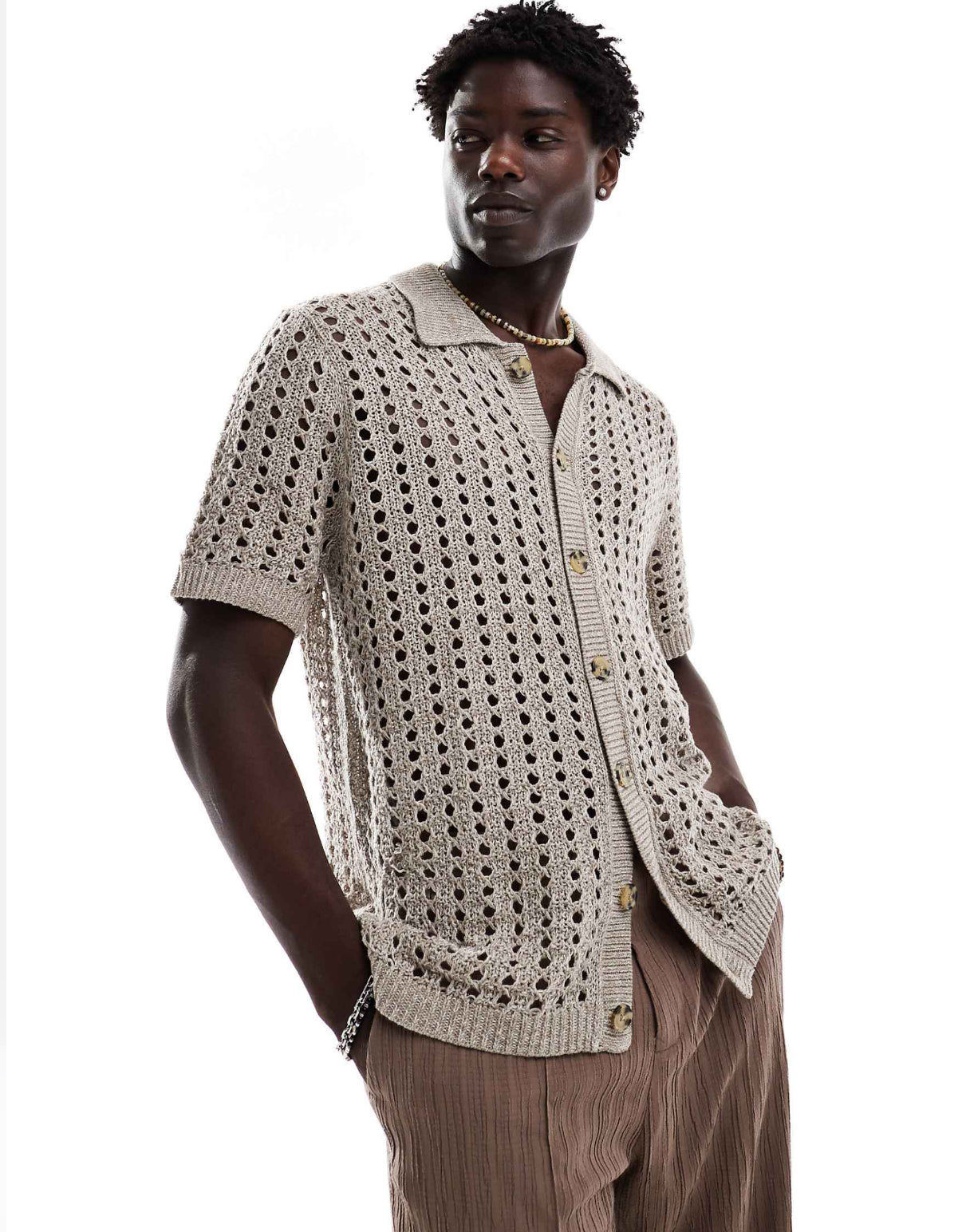 Knitted Button up Shirt in Light Brown