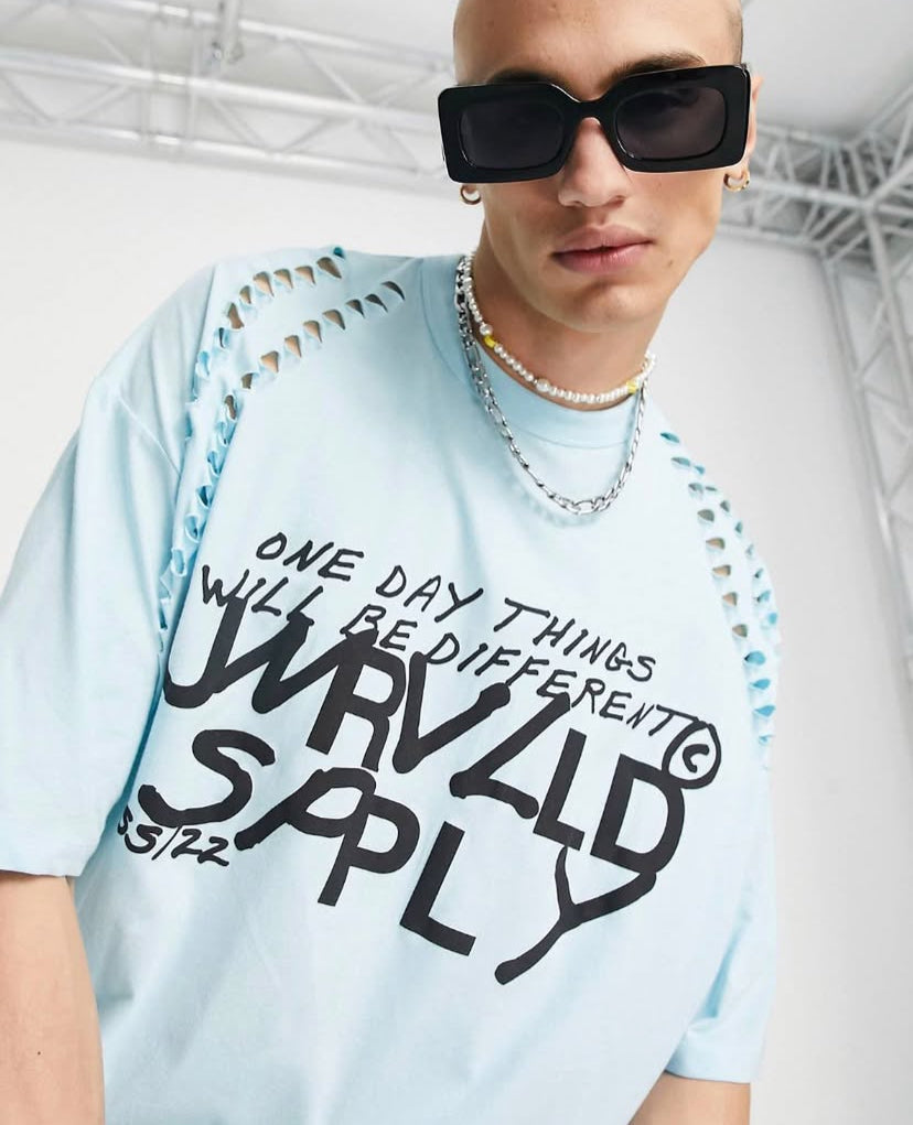 Oversized T-shirt with Front Print in Sky Blue