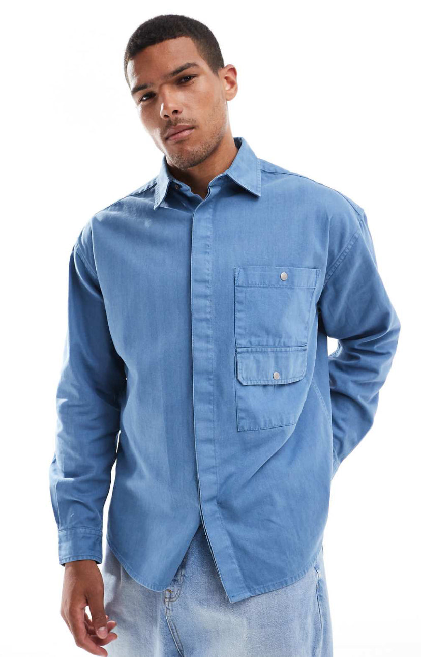 Denim Overshirt with Pocket in Blue