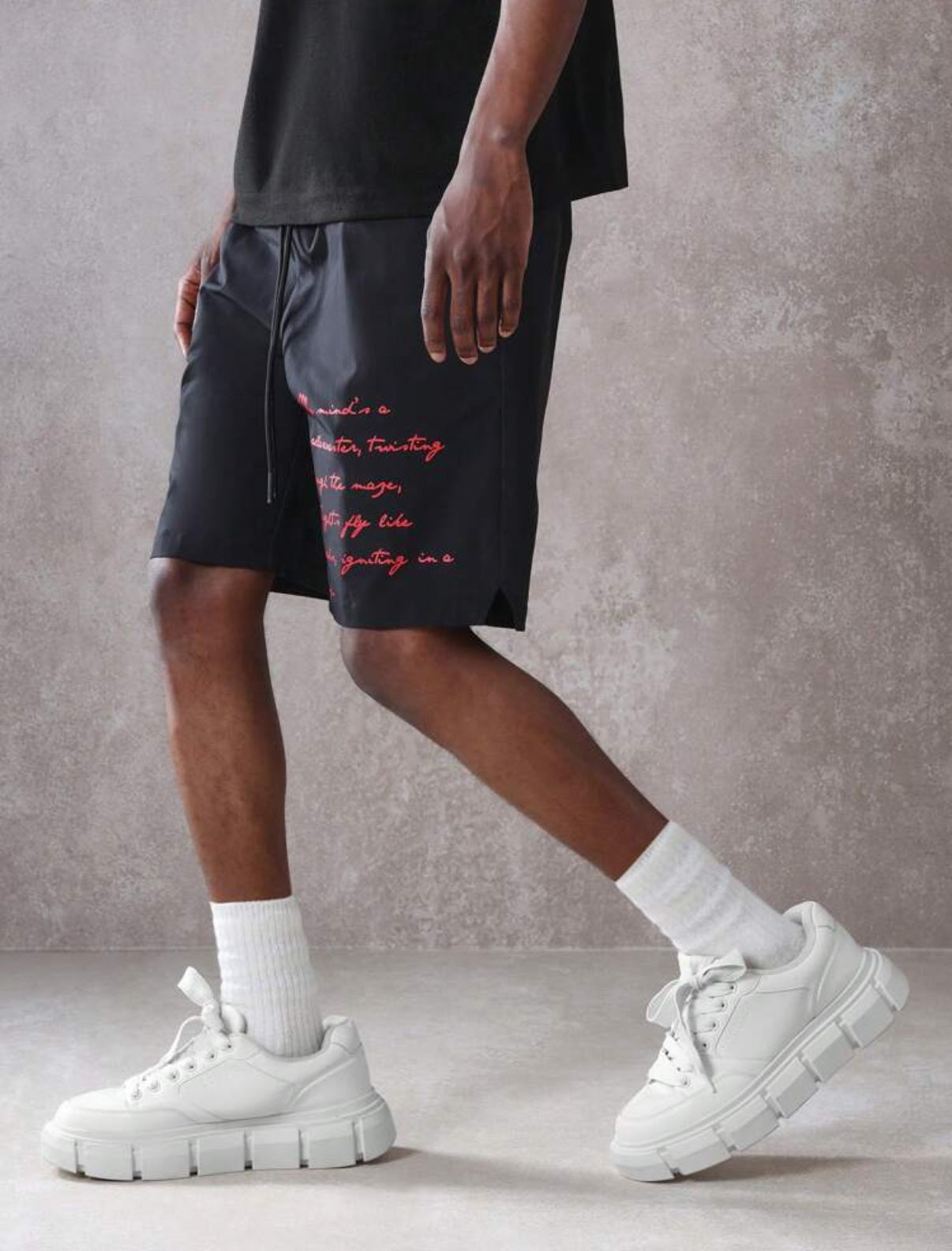 Athletic Summer Shorts with Inspirational Quote Print in Black