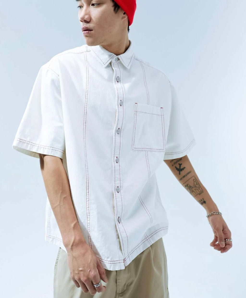 Oversized Shirt in White with Detailed Red Stitch