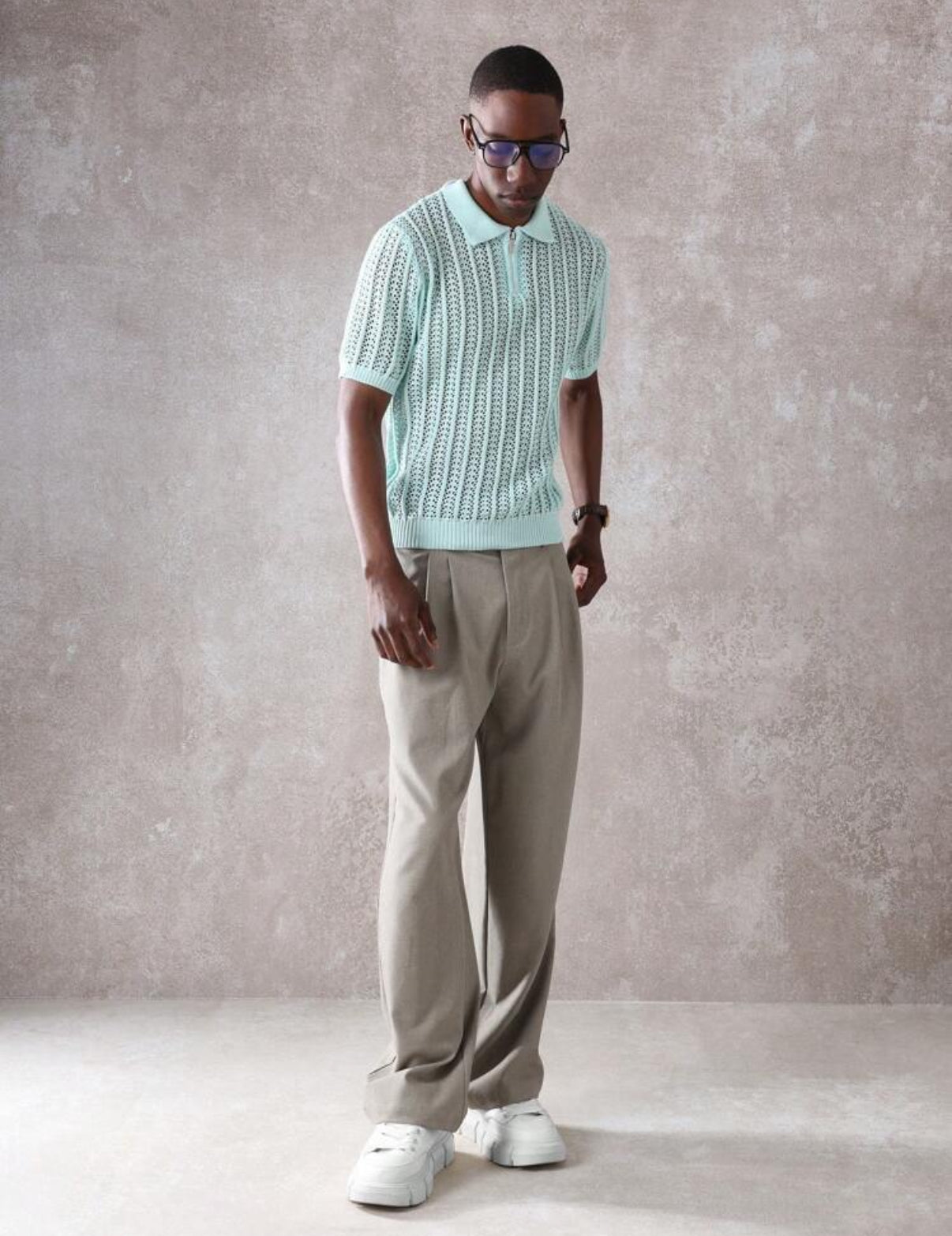Knitted Polo Shirt with a zip in Mint Green