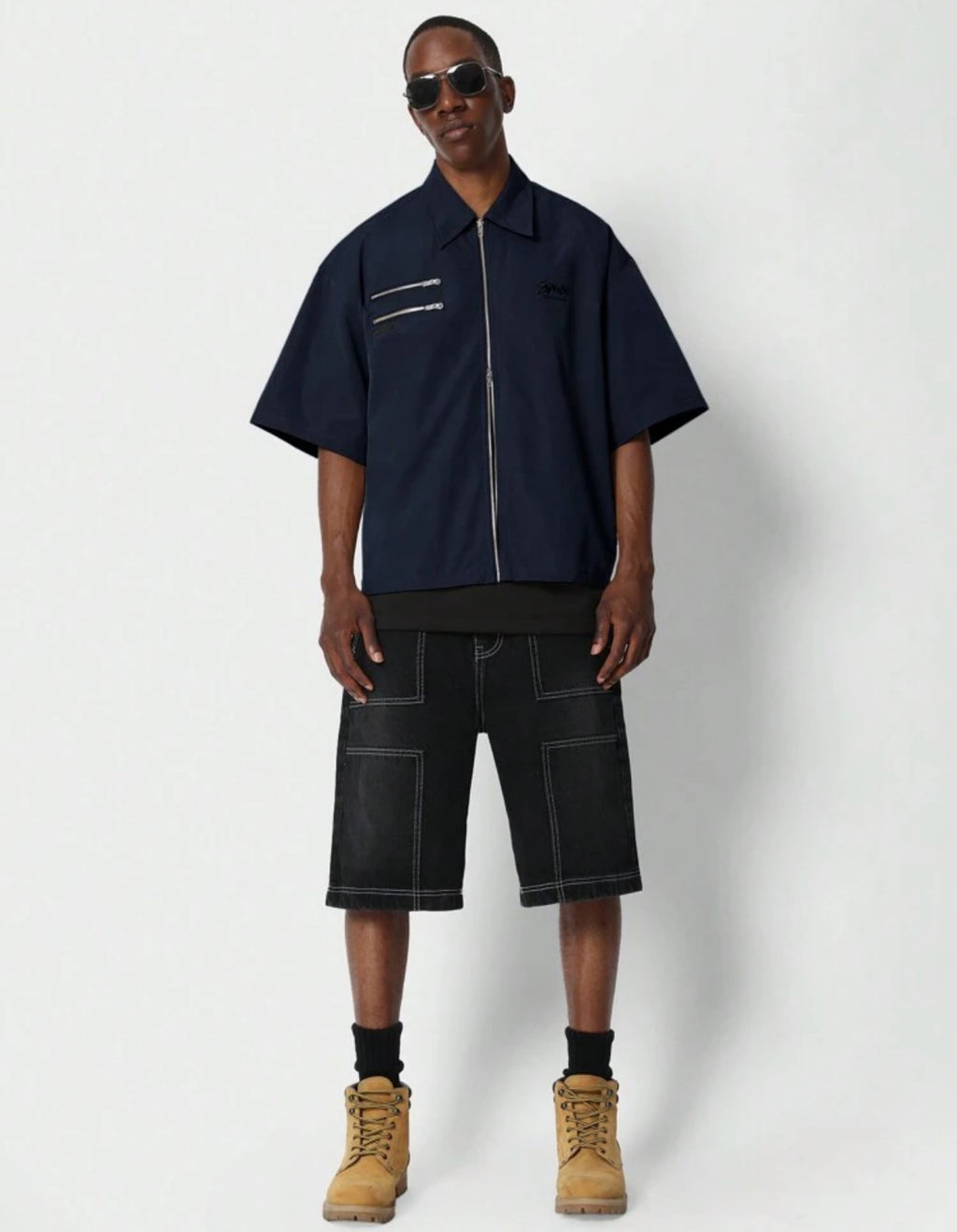 Boxy fit zip up shirt in navy