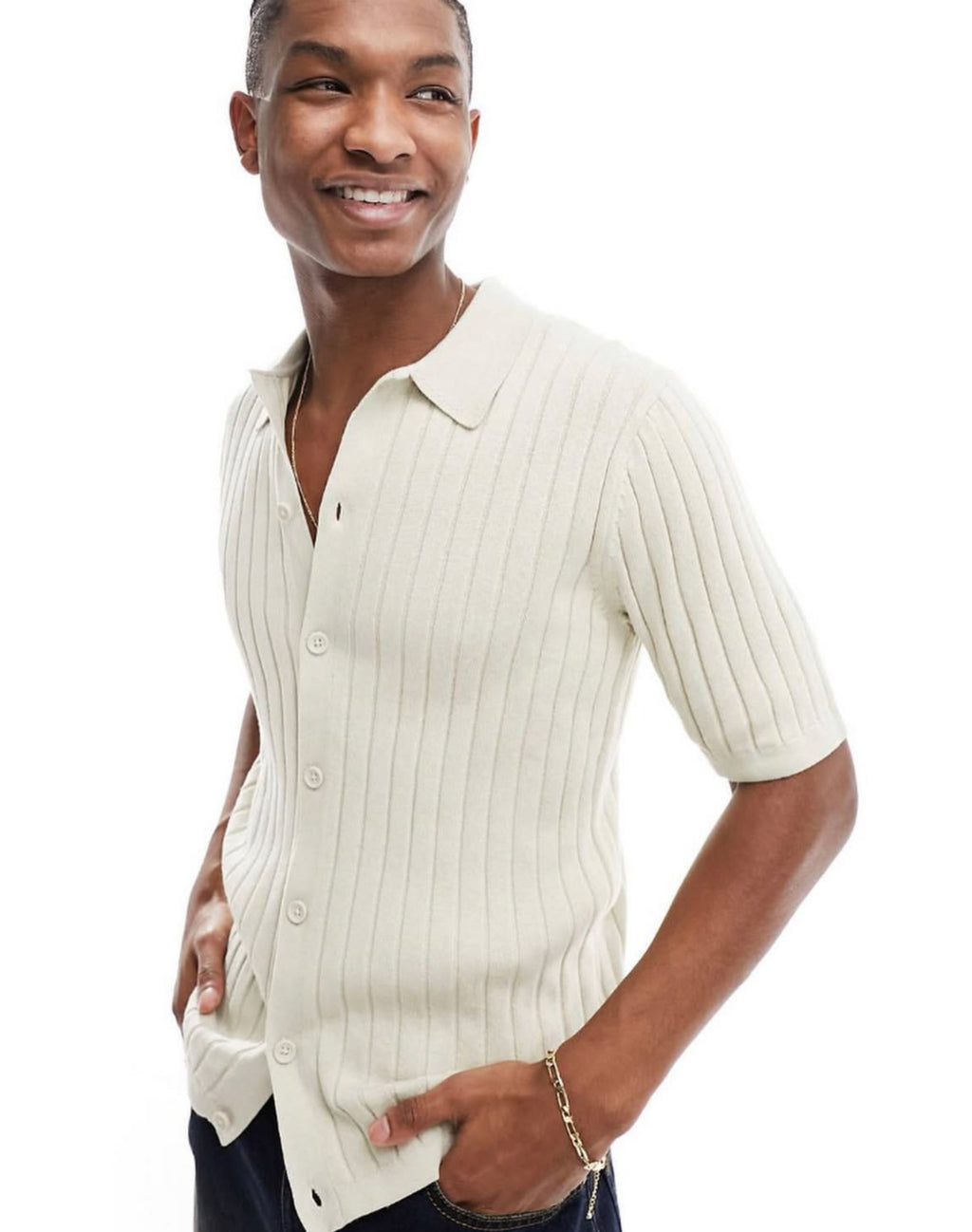 Ribbed Knitted Button Shirt in Beige