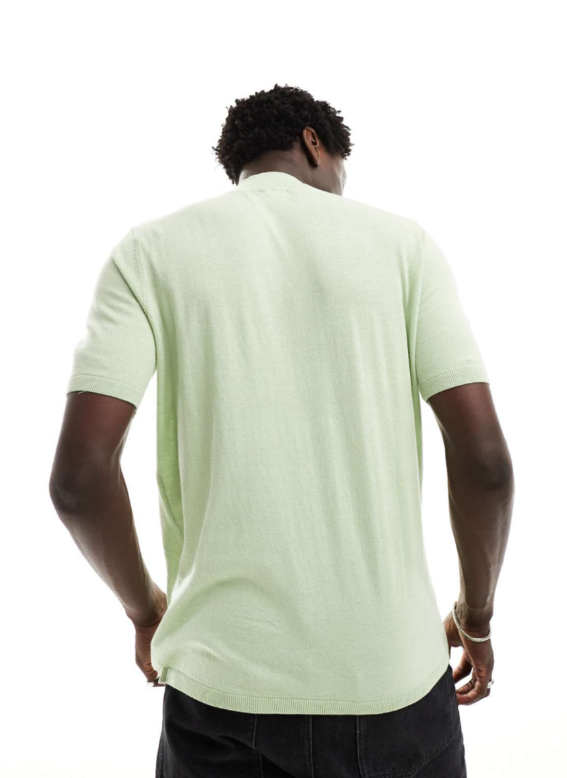 High Neck Knitted T-shirt in Lime Green