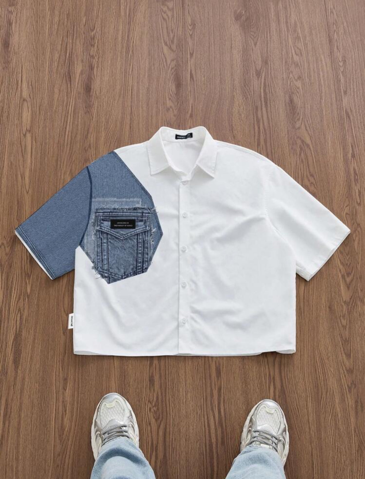 Boxy Shirt Half Denim in Blue and White