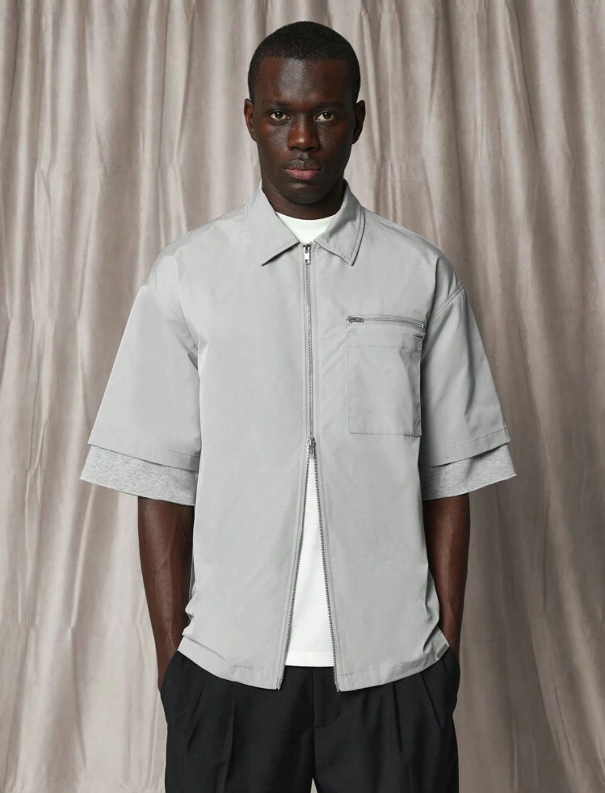 Boxy Fit Shirt with Zip and Pocket in Grey
