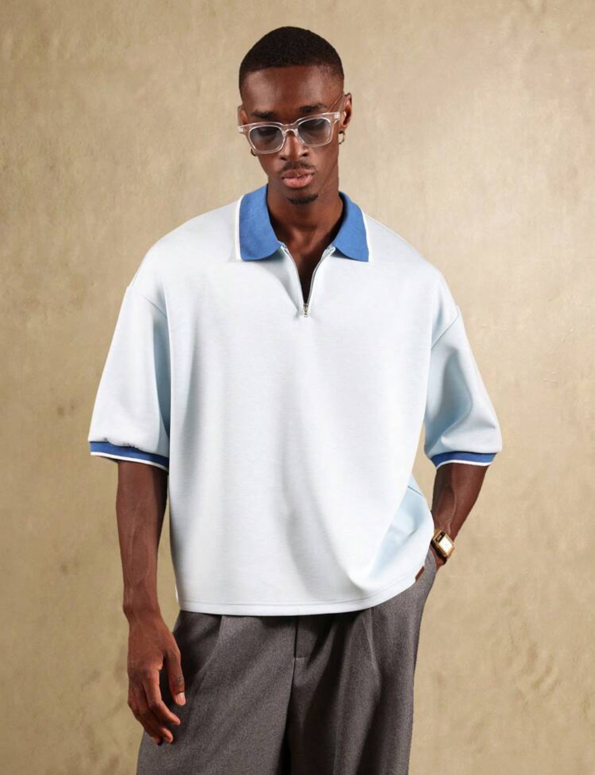 Oversized polo shirt with different collar in blue