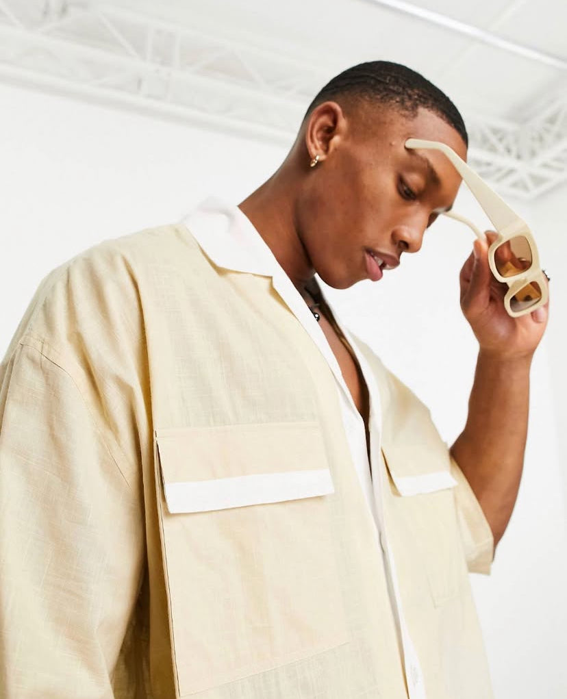 Revere Collar Shirt with Pocket in Beige