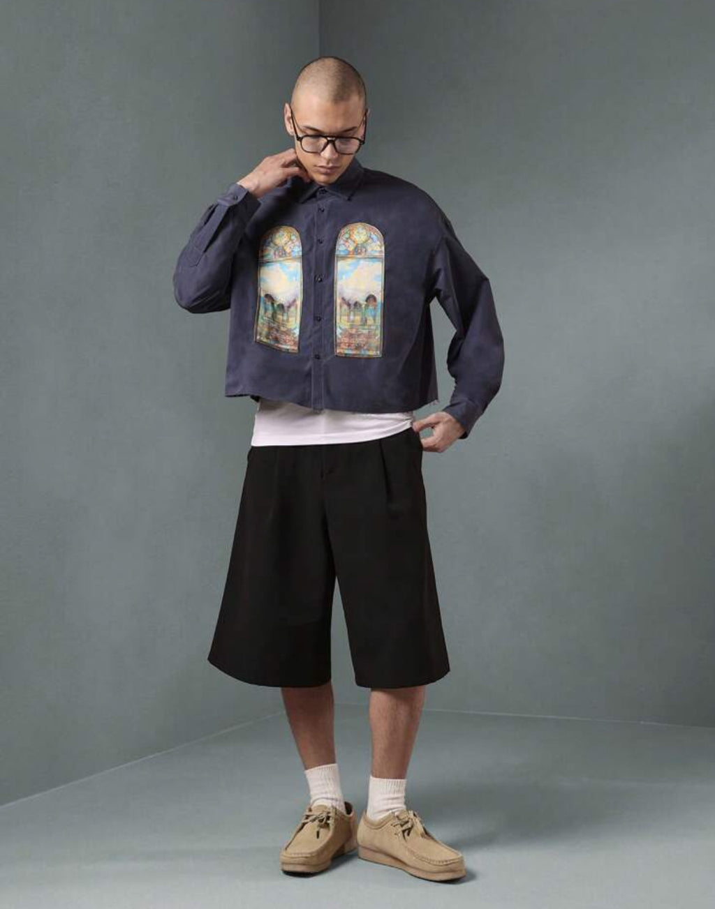 Oversized Jacket with front vintage window print in Navy