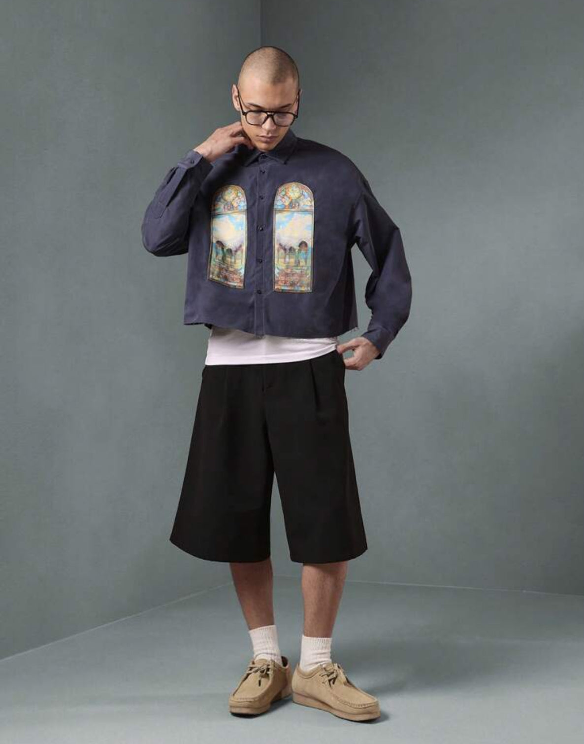 Oversized Jacket with front vintage window print in Navy