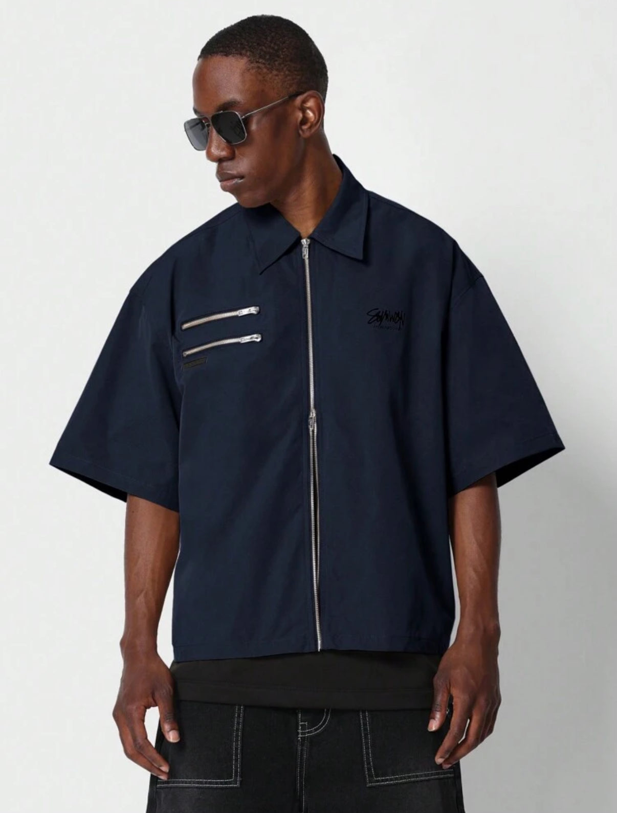 Boxy fit zip up shirt in navy