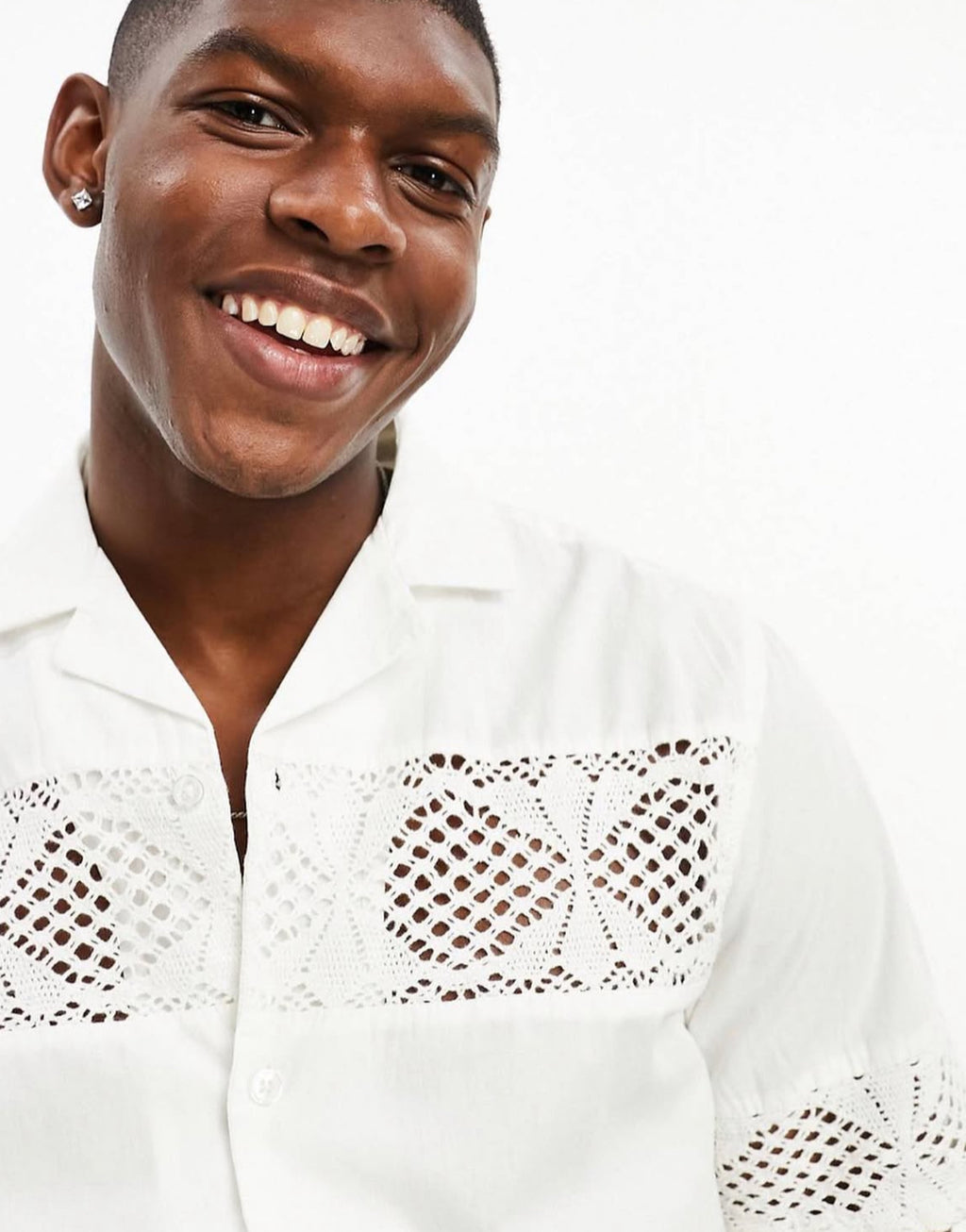 Revere Collar Short Sleeve Shirt with detailed Knit in White