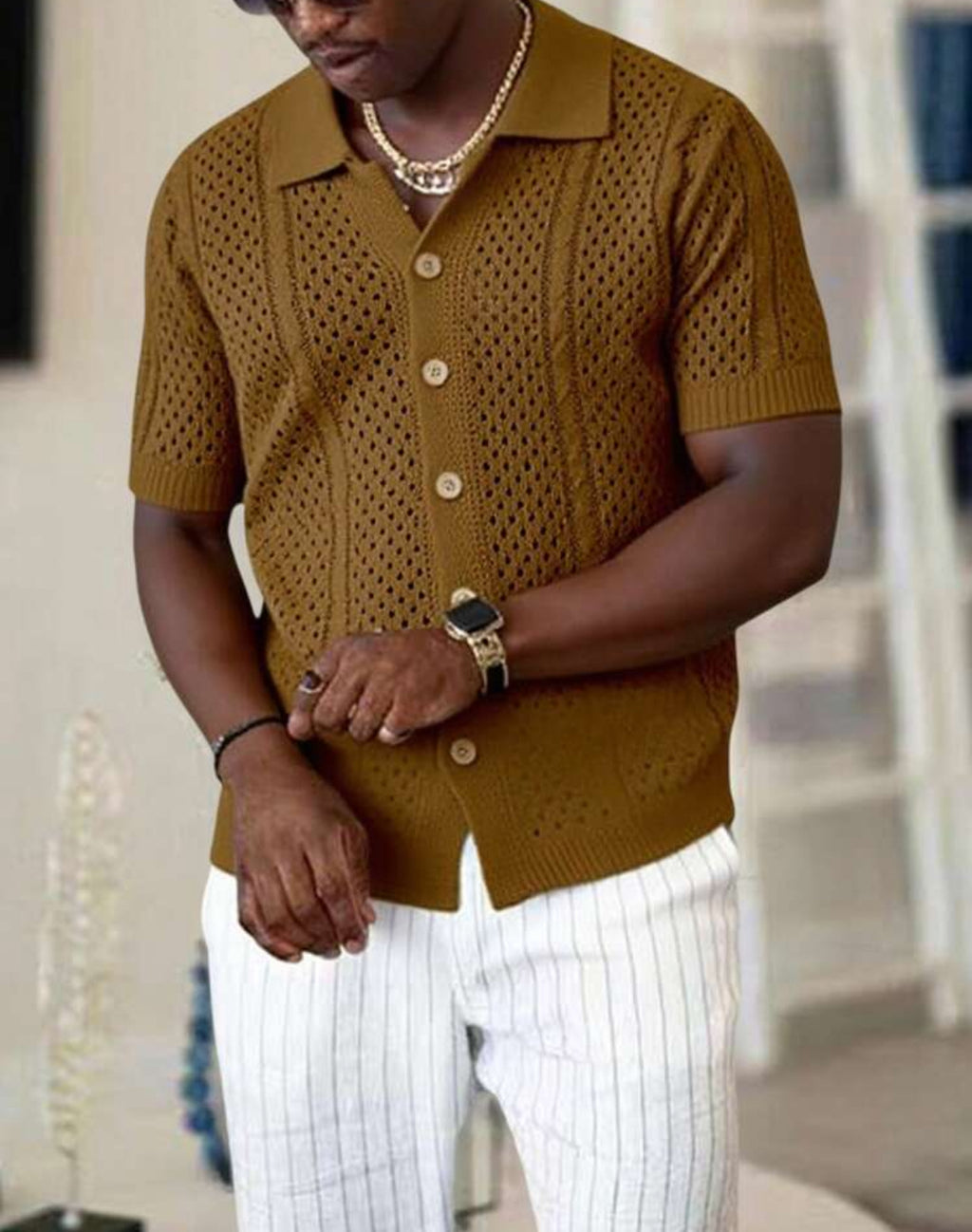 Knitted revere collar shirt in brown