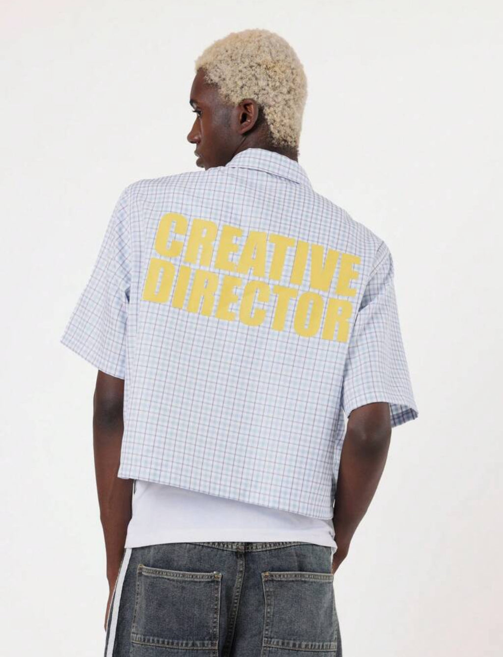 Boxy Fit Shirt with Creative Director Back Print in Checked Blue
