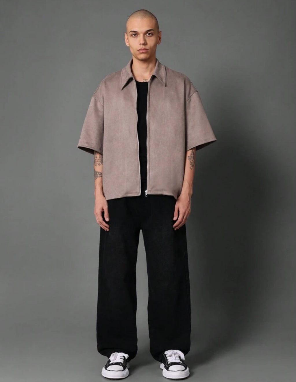 Velvet zip up overshirt in beige