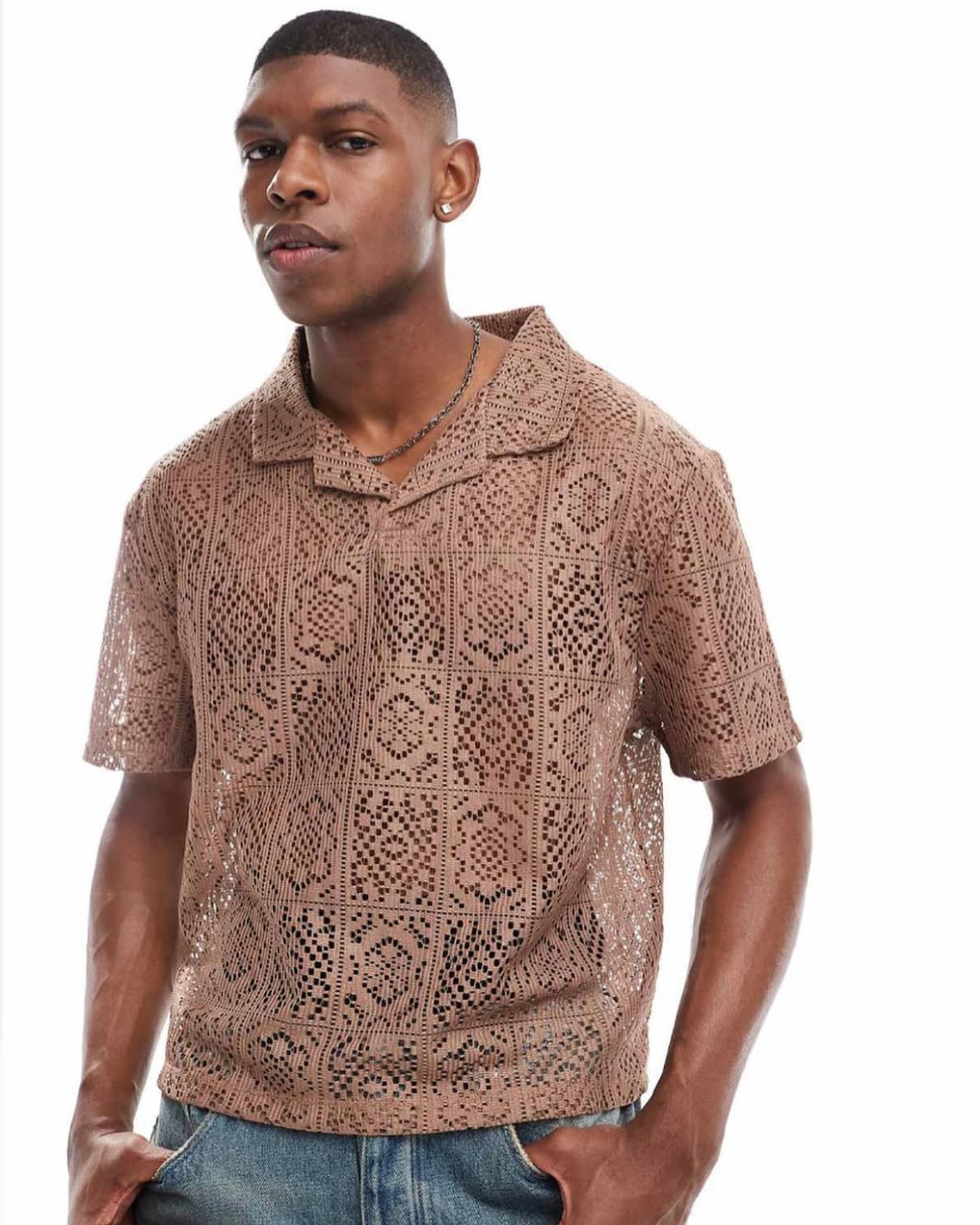 Open Textured Polo Shirt in Brown