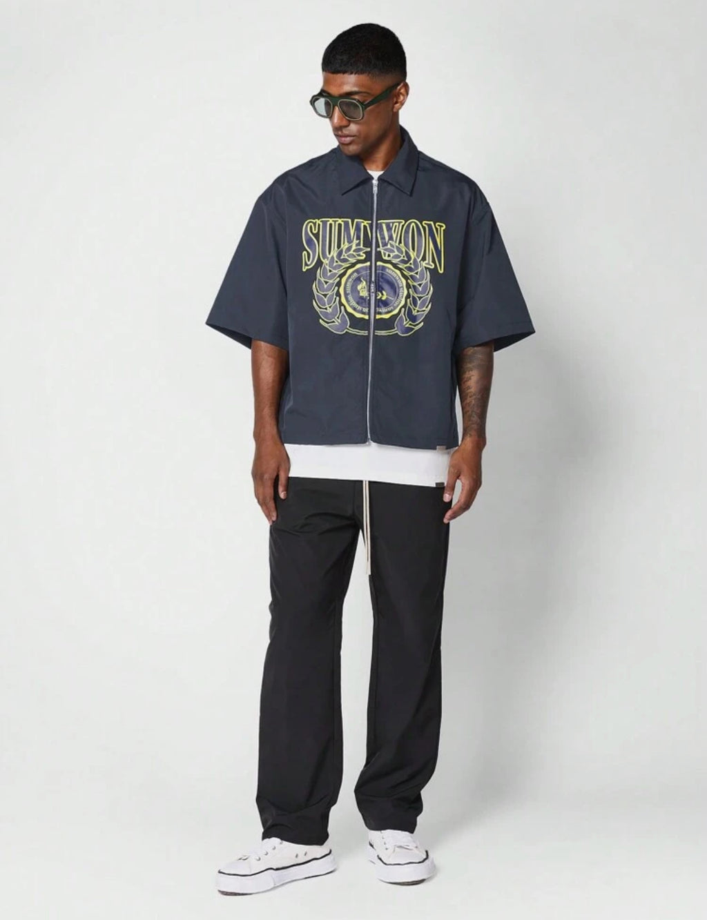 Sumwon Boxy Shirt with Front Print in Navy