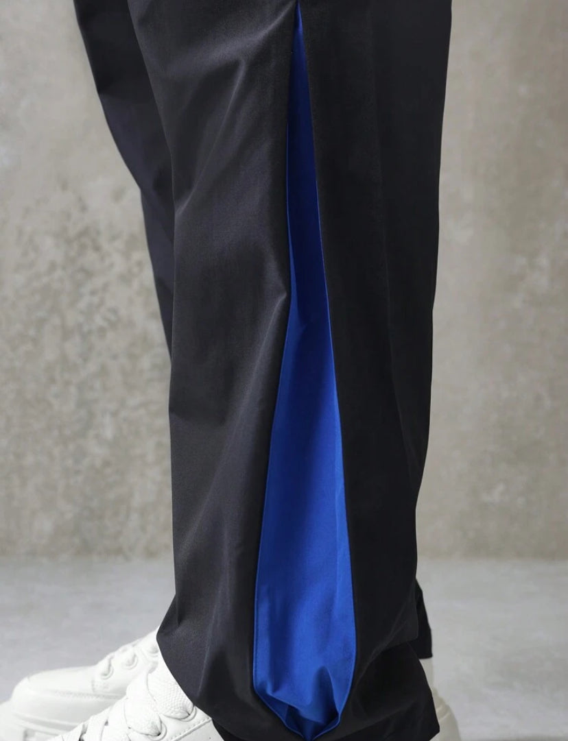 Wide Leg Jogger Pants with Blue Panel in Black