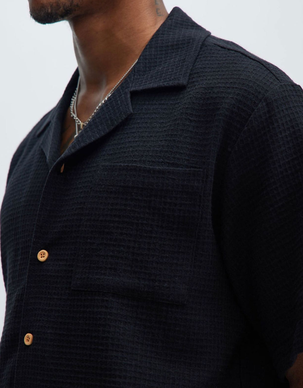 Textured Shirt with Distinct Button in Black