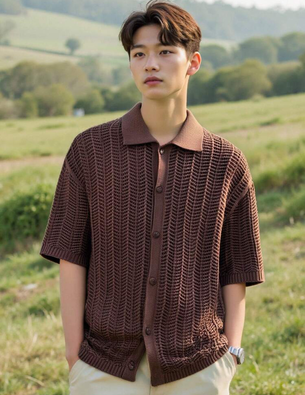 Knitted button down Sp shirt in brown