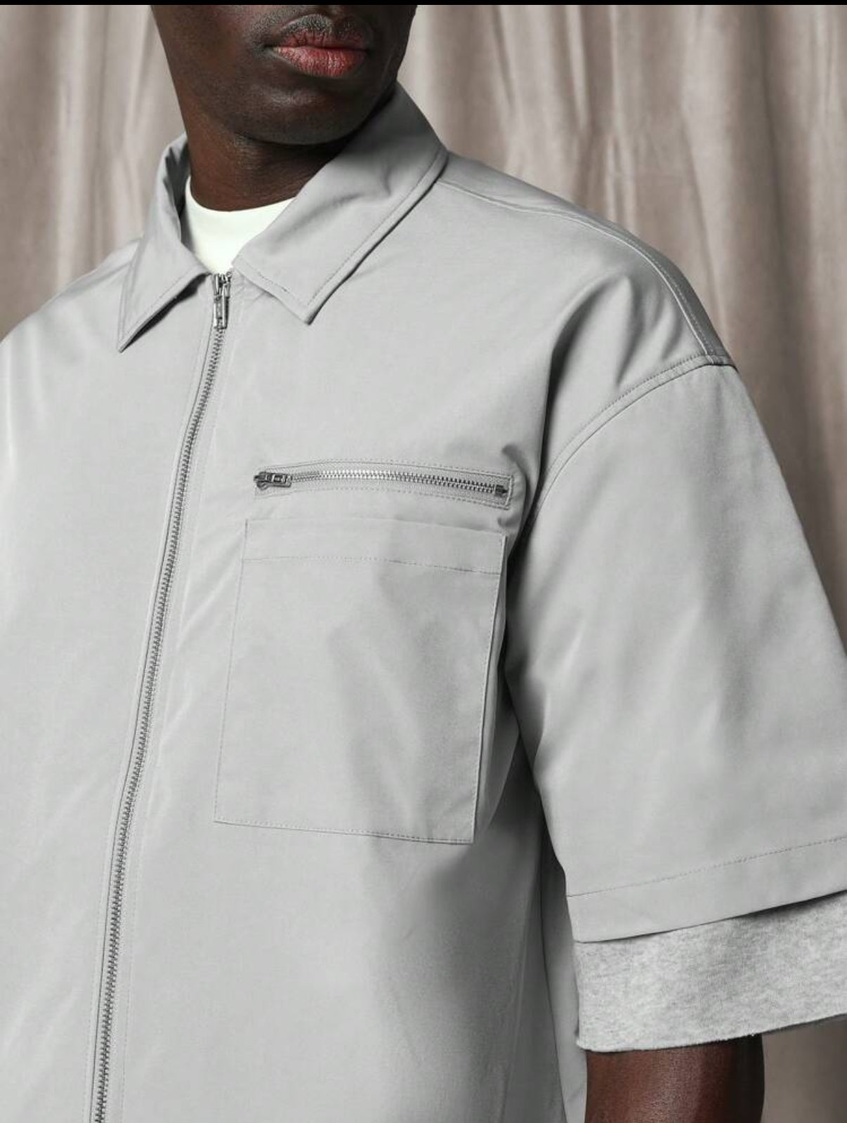 Boxy Fit Shirt with Zip and Pocket in Grey