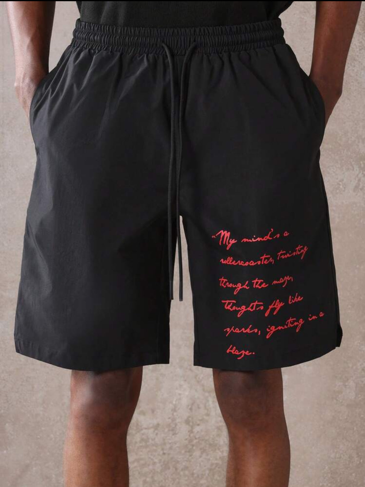 Athletic Summer Shorts with Inspirational Quote Print in Black