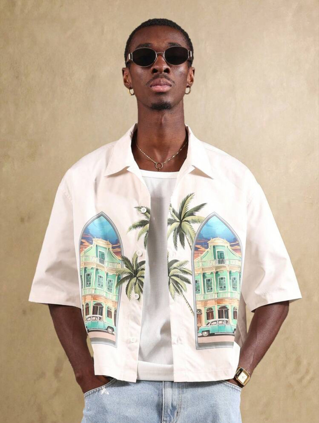 Boxy fit shirt with beach vibe print in ecru