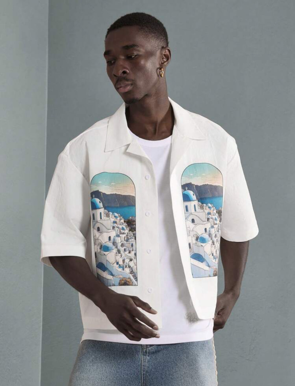 Premium Boxy Fit Shirt with Santorini print in White
