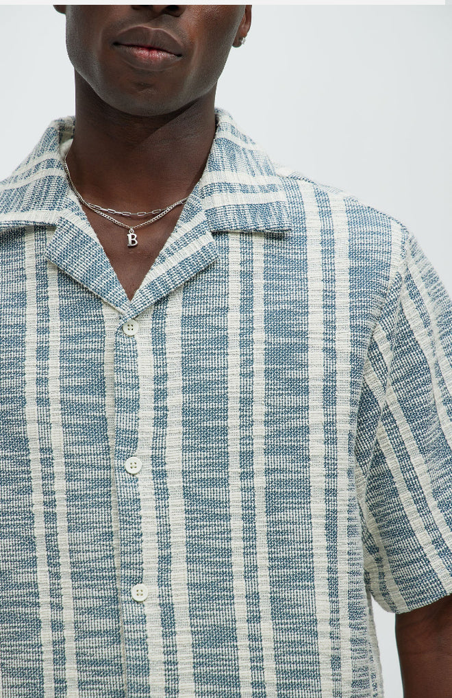 Revere Collar Shirt in striped Blue & Grey
