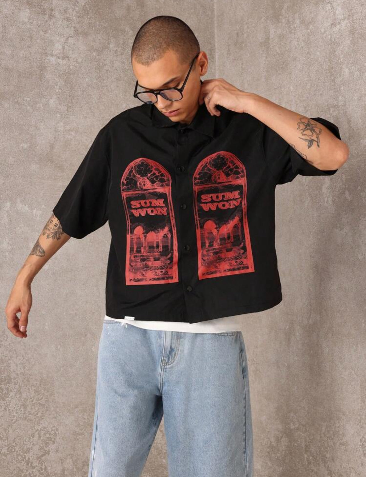 Boxy Shirt with Window Print in Black