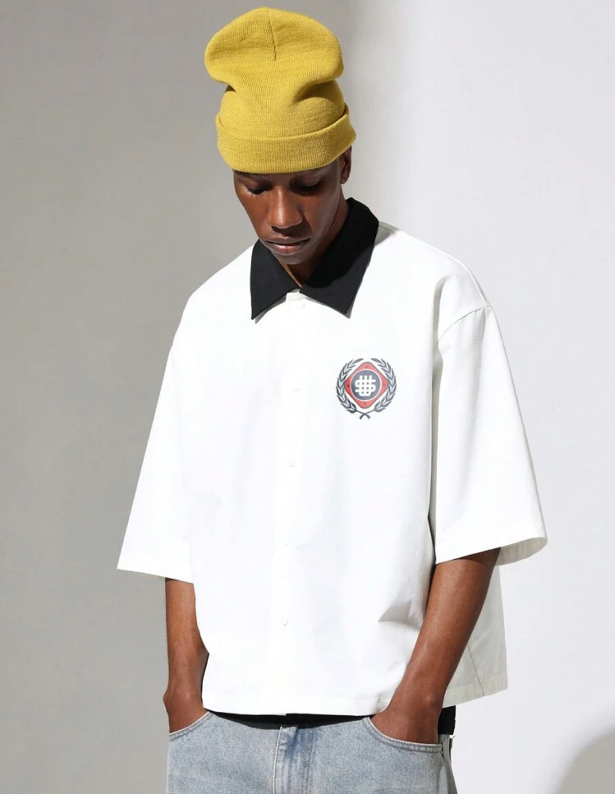Oversized Polo Shirt in White with Contrast Collar