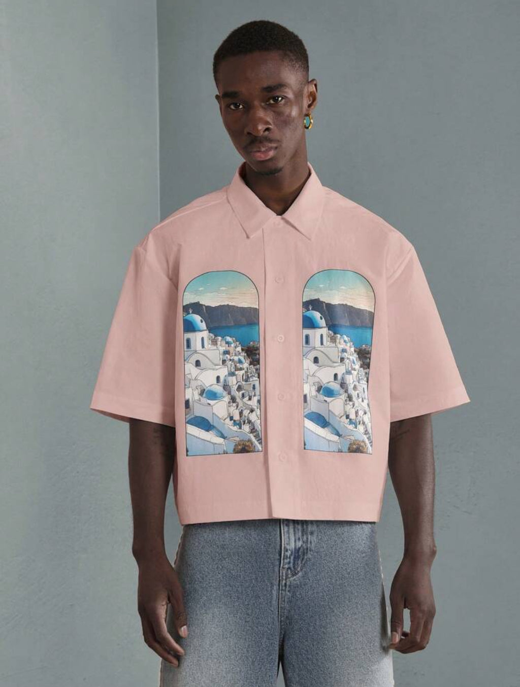 Premium Boxy fit shirt with Santorini print in white