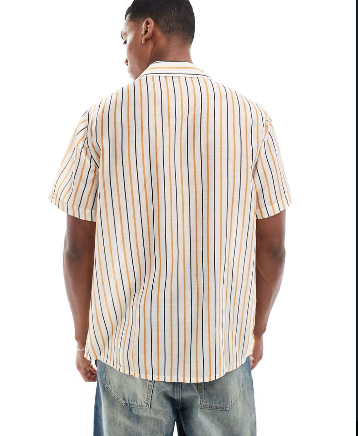 Button Up Short Sleeve Shirt in Striped Beige