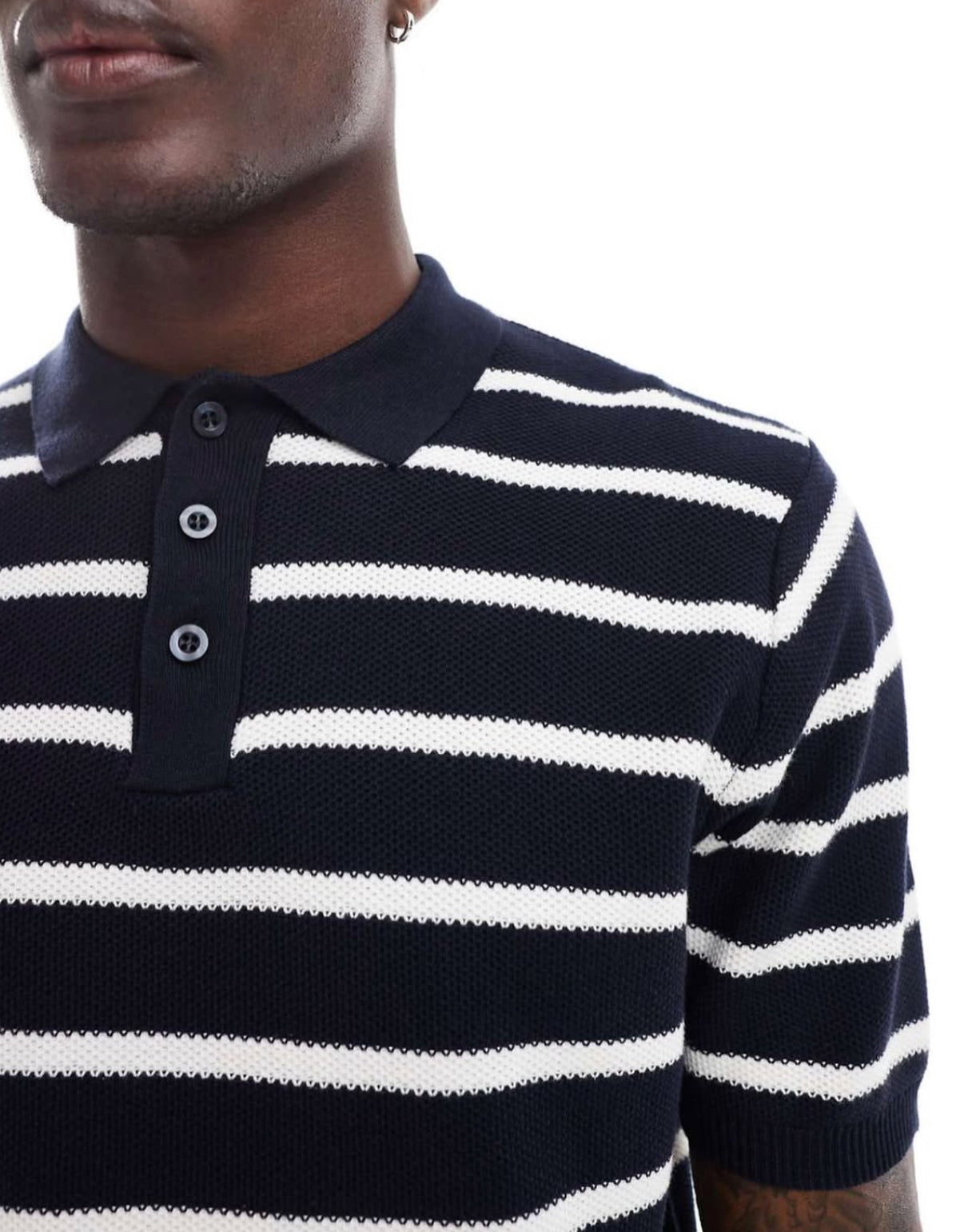 Knitted Polo Shirt in Striped Blue