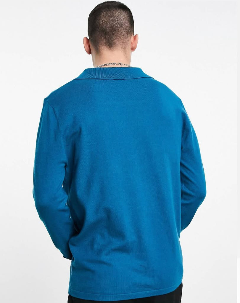 Knitted Polo Long Sleeve Shirt in Blue