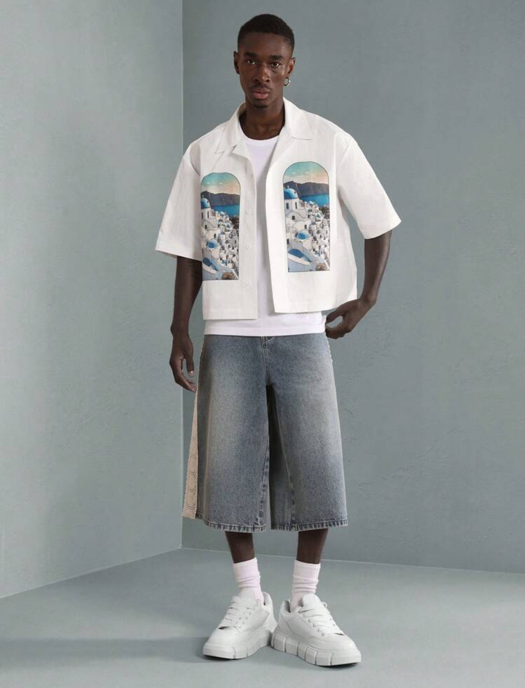 Premium Boxy Fit Shirt with Santorini print in White