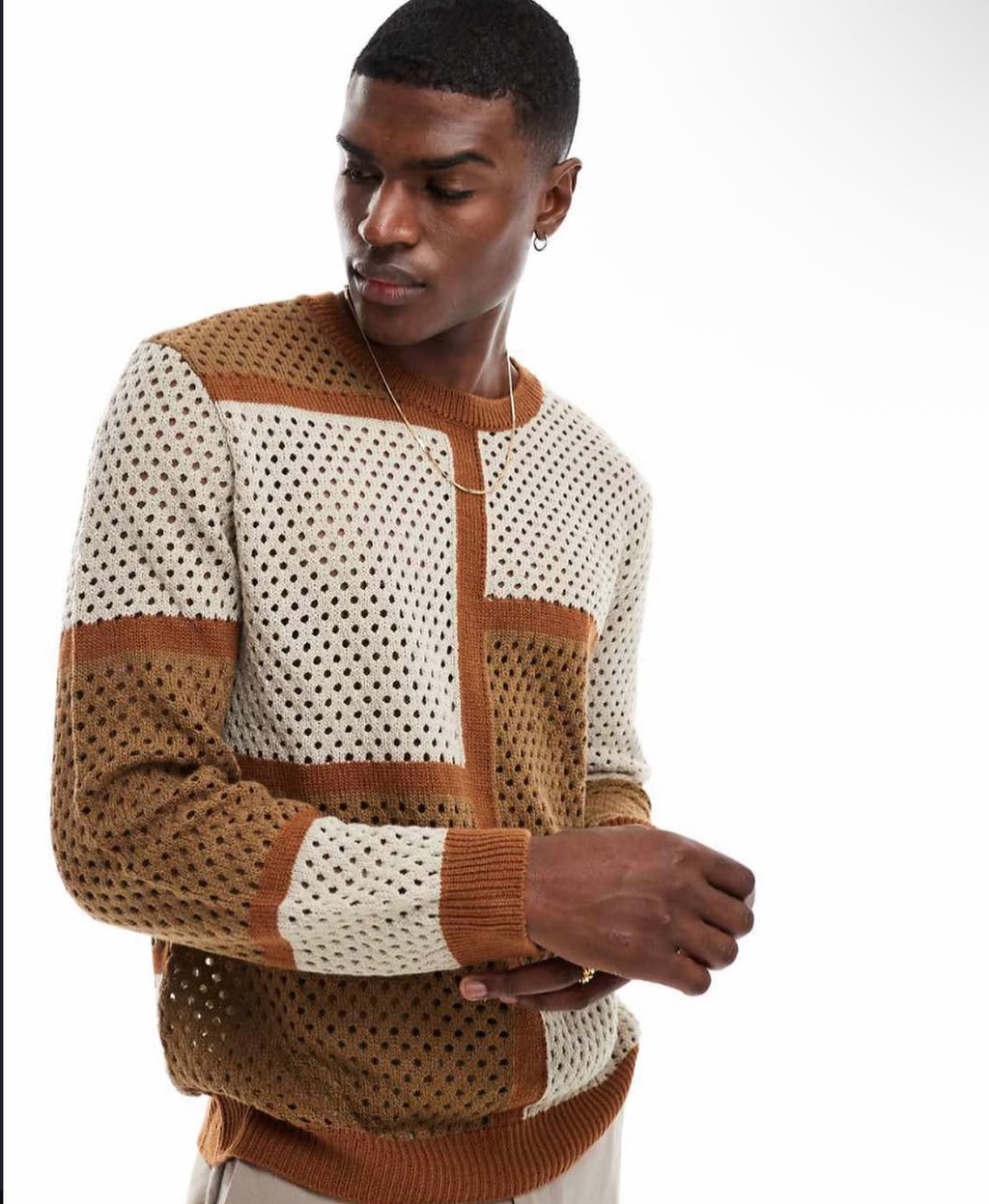 Knitted Sweatshirt in Colour Block Brown