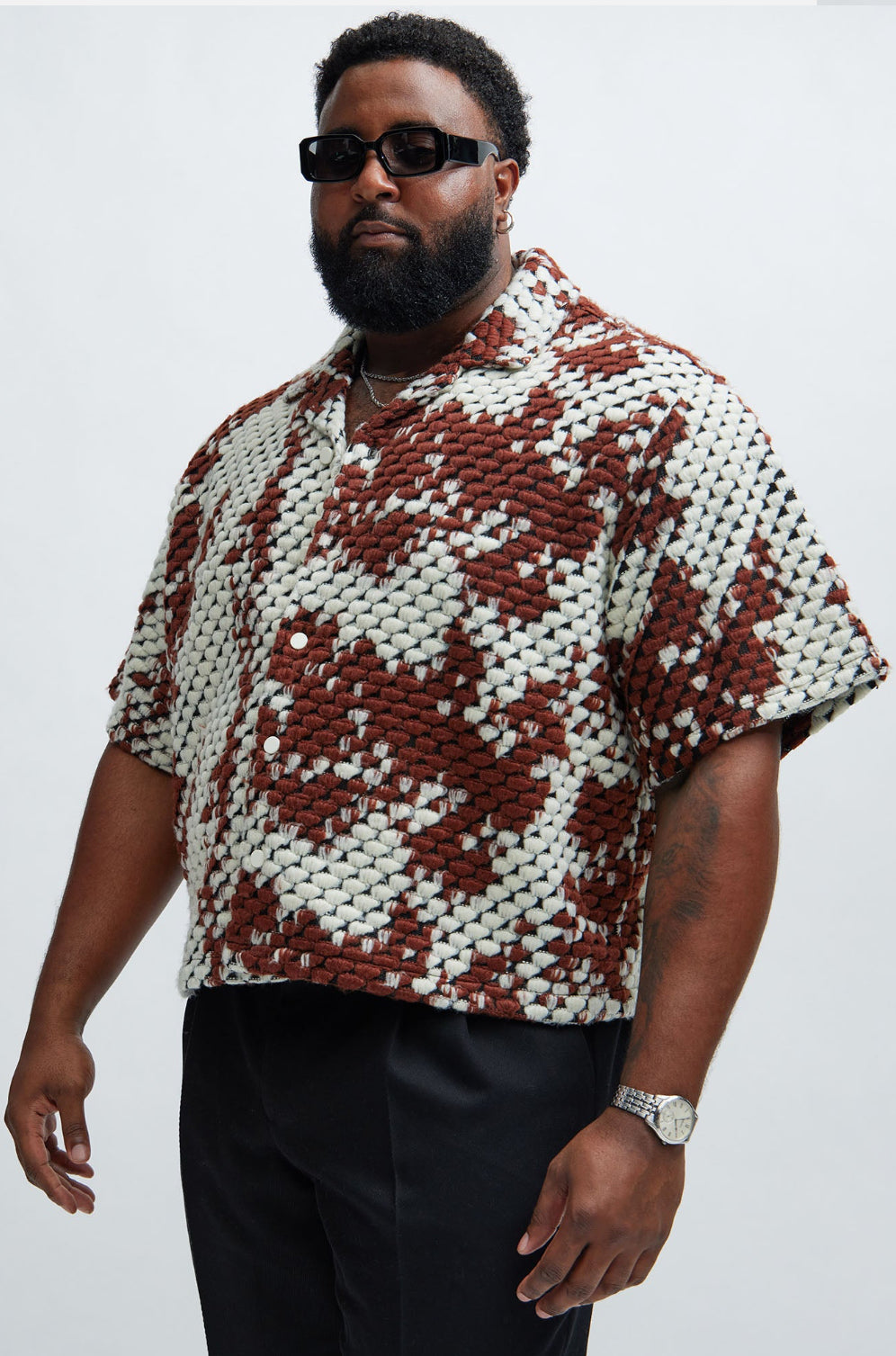 Crochet shirt in brown & white