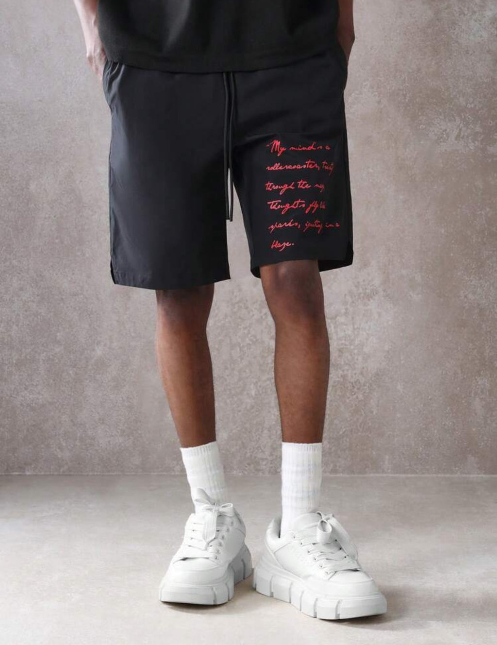 Athletic Summer Shorts with Inspirational Quote Print in Black